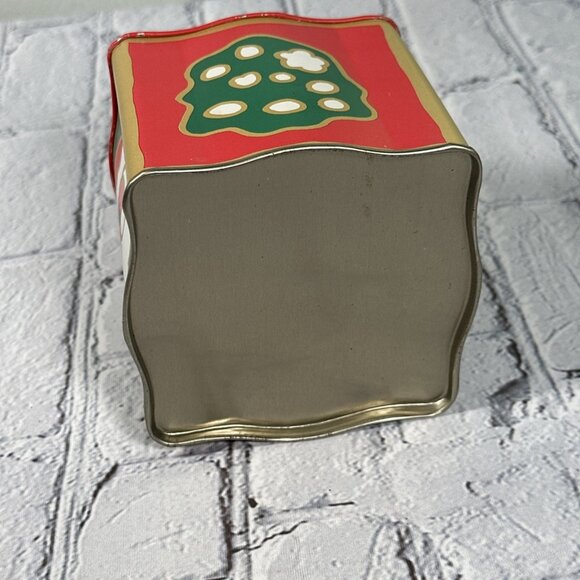 Vintage Santa Bell Poinsettia Cube Shaped Christmas metal tin 5” - Picture 5 of 13